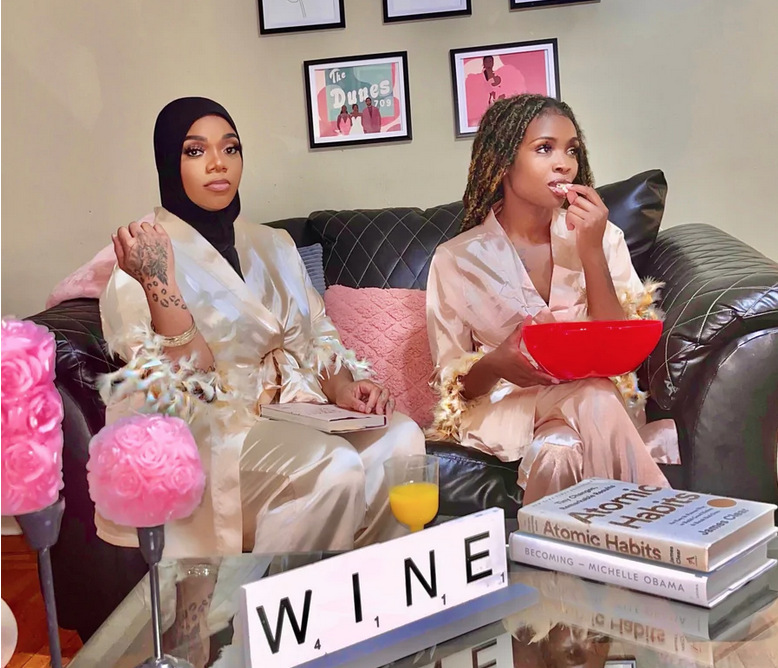 2 BLACK MUSLIM WOMEN SITTING ON THE COUCH IN LOUNGEWEAR | 3D POPUP SHOP